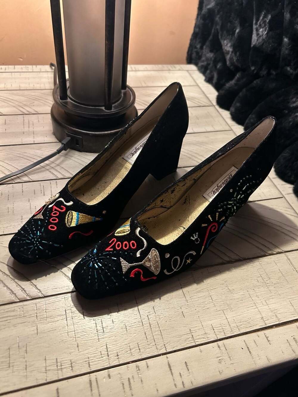 Vintage Y2K Millennium 2000 Black Velvet Embroidered Block Heel Pumps
